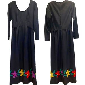 1970s Black Boho Long Sleeve Maxi Dress with Floral Hem